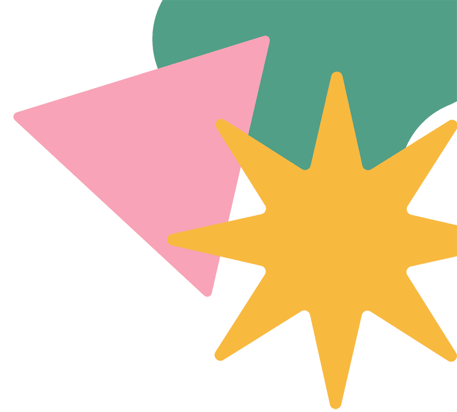 Abstract group of floating shapes. Pink triangle, yellow 8-point star, green blob