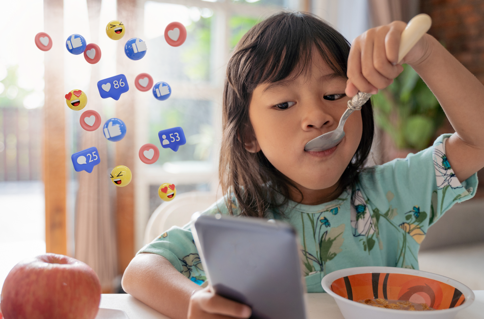 Child eating breakfast while scrolling on a cell phone