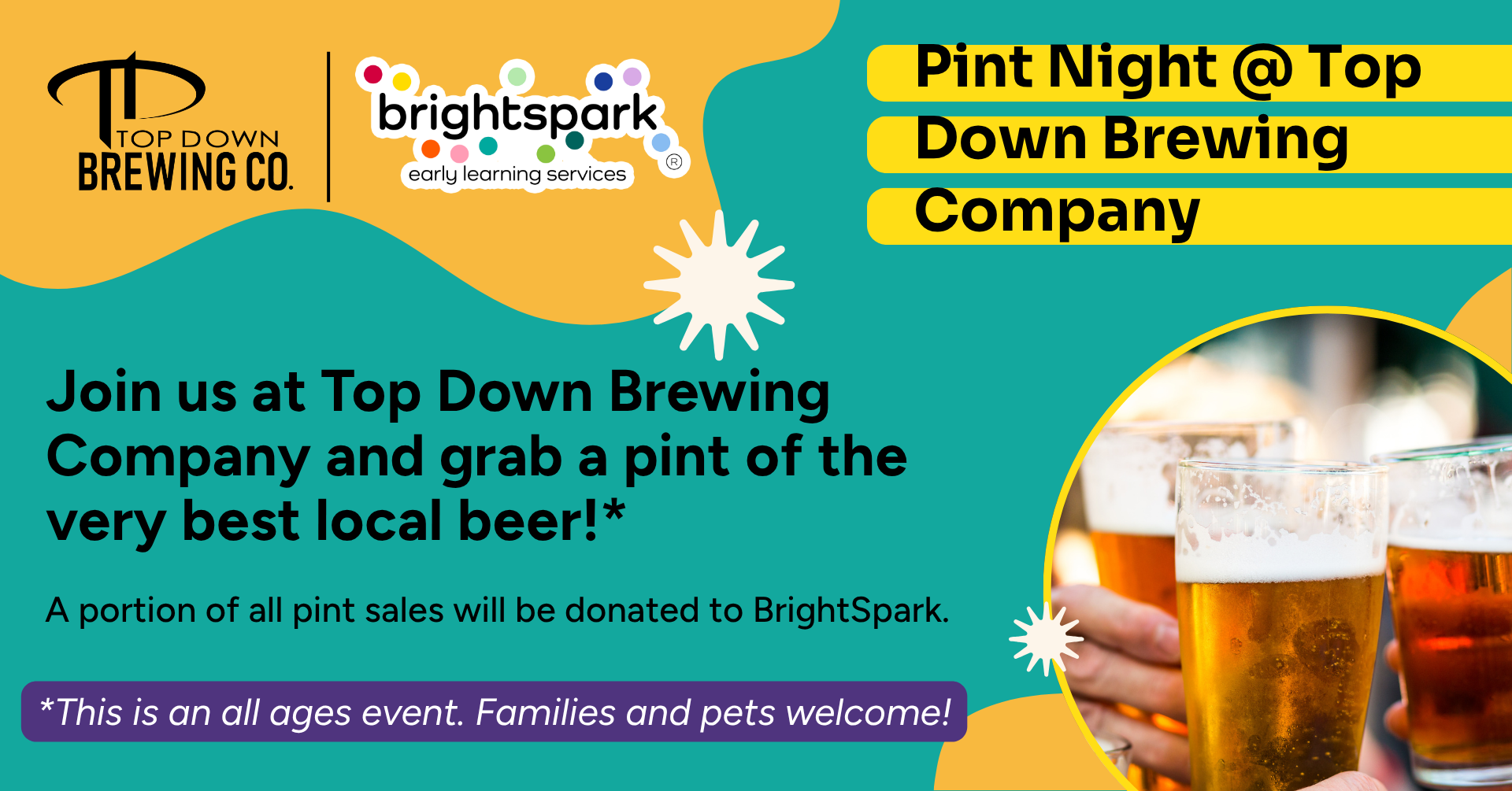 Image with photo of craft beer, company logos, and event details