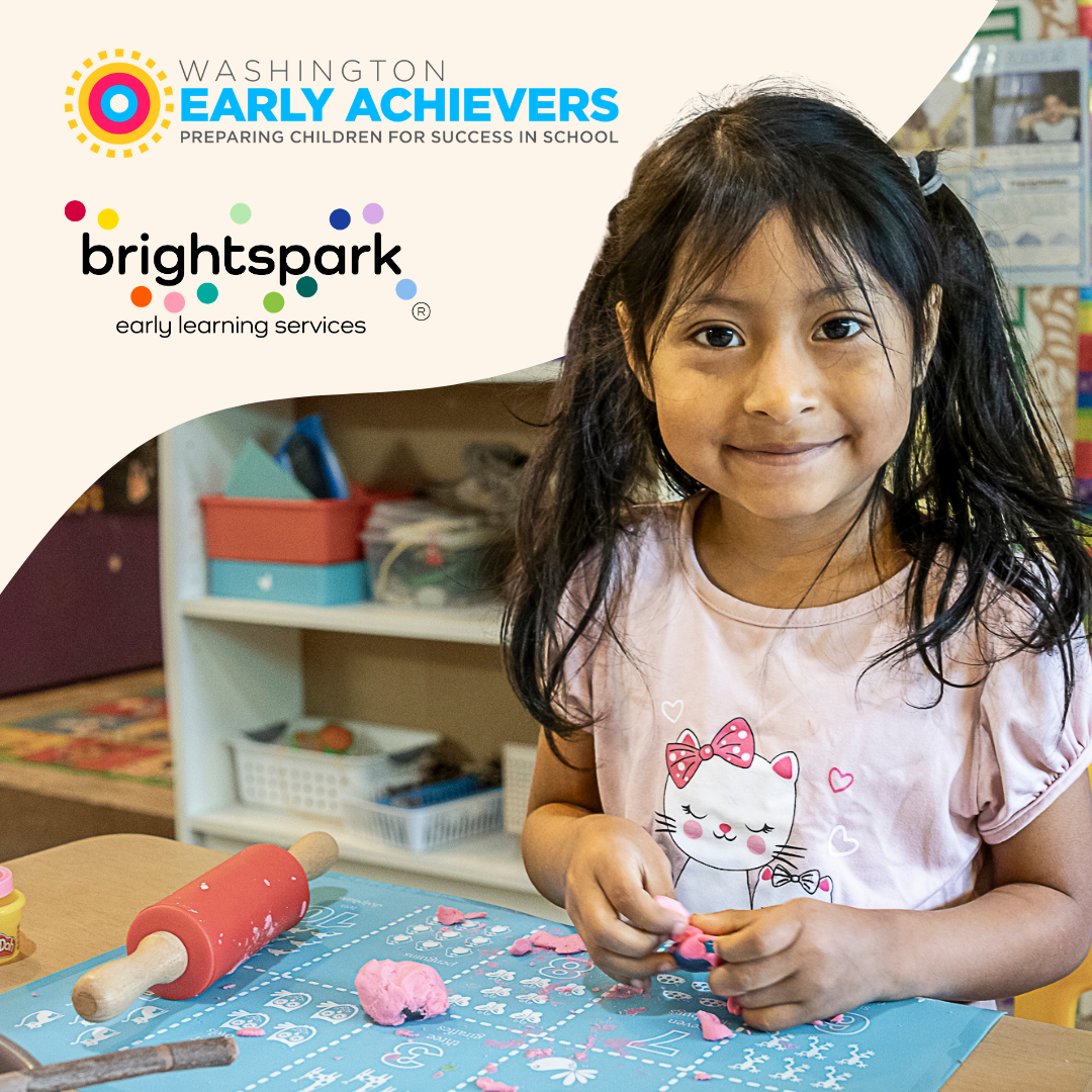 child smiling with logos in corner